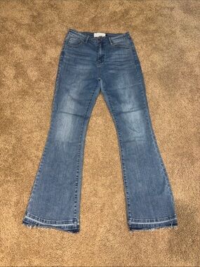 Pink Martini Mid-Blue Flare Jeans with Frayed Hem